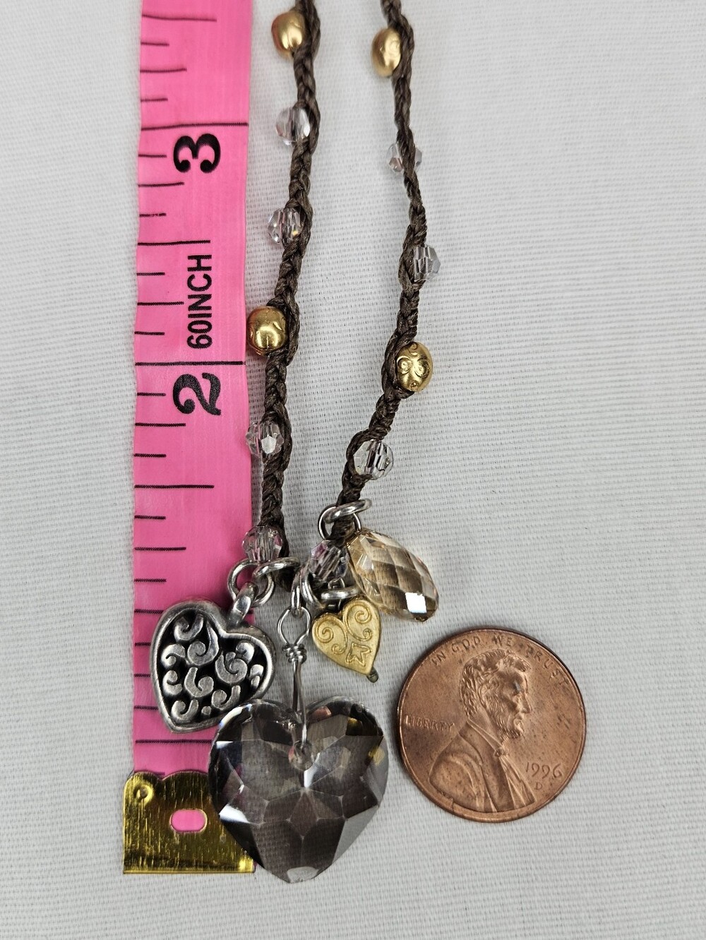 Brighton Karma Crystal Heart Charm Necklace Brown Braided Cord Silver Gold EUC - Picture 8 of 9